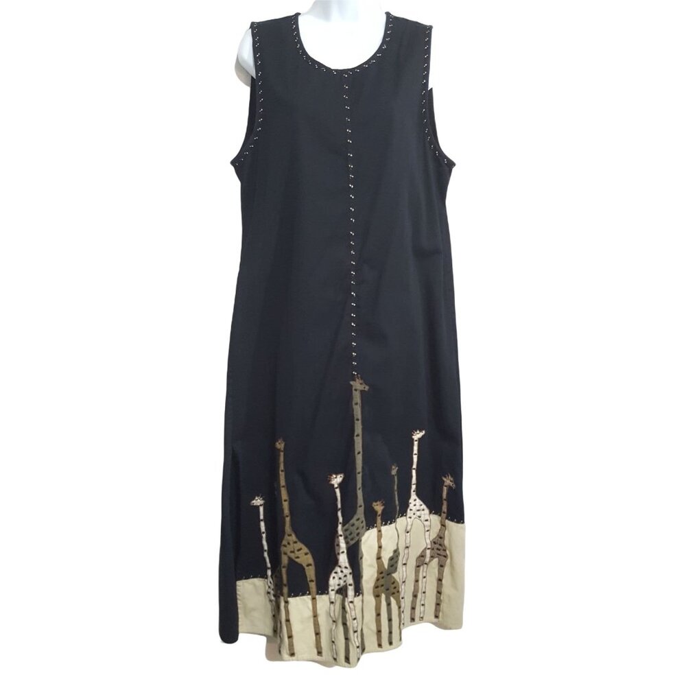 Carrie Allen Vintage Womens Maxi Dress Size M Sleeveless Black Giraffe Border Co